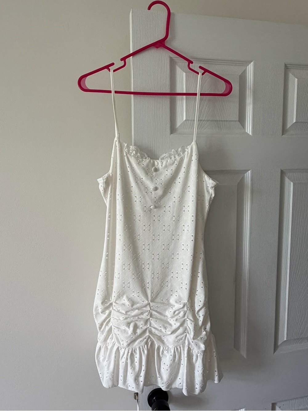 SHEIN White Eyelet Ruched Spaghetti-Strap Mini Dress